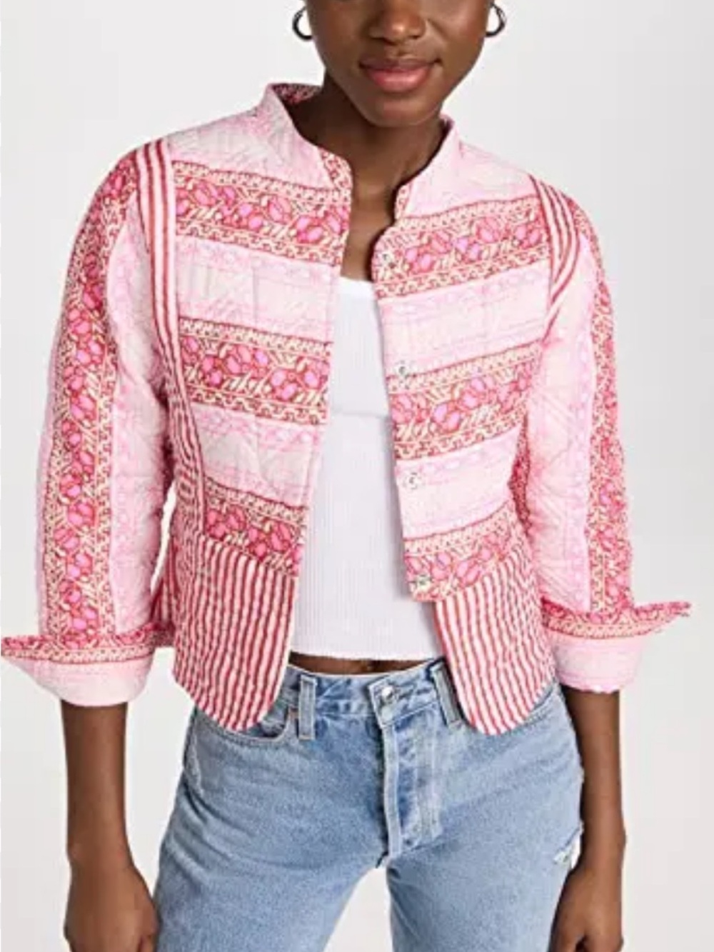 Antik Batik Amelie Pink and Red Feminine Floral Quilted Cropped Jacket 40/M